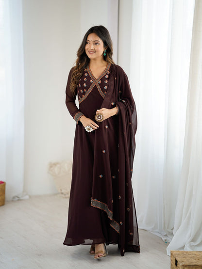 Rajwada Brown Georgette Embroidered Stitched Kurta Set For Women