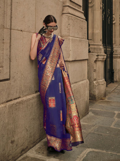 Rajwada Dark Blue Modal Woven Saree With Unstitched Blouse For Women