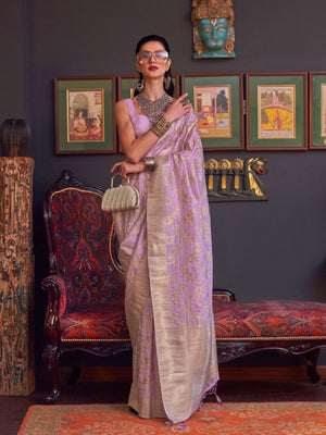 Rajwada Mauve Silk Blend Woven Saree With Unstitched Blouse For Women