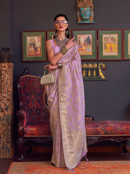 Rajwada Mauve Silk Blend Woven Saree With Unstitched Blouse For Women