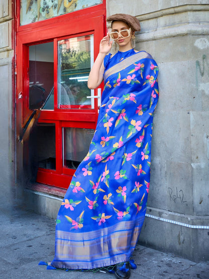 Rajwada Blue Satin Printed Saree With Unstitched Blouse For Women