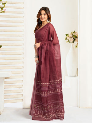 Rajwada Dark Mauve Cotton Linen Zari Work Saree For Women