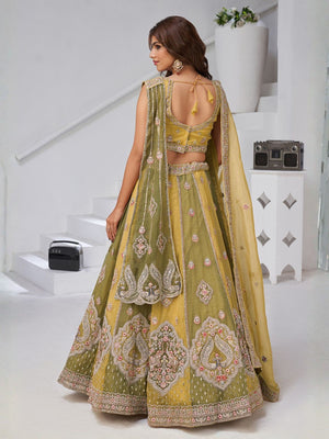 Rajwada Yellow Georgette Tissue Embroidered Semi-Stitched Lehenga For Women