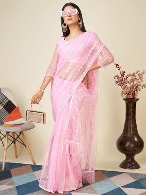 Rajwada Light Pink Embellished Net Saree With unstitched Blouse For Women