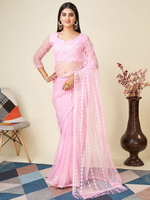 Rajwada Light Pink Embellished Net Saree With unstitched Blouse For Women