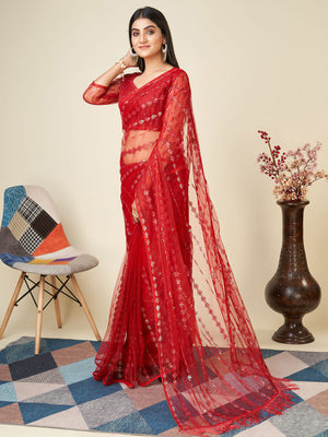 Rajwada Red Embellished Net Saree With unstitched Blouse For Women