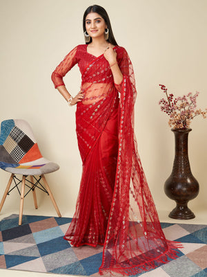 Rajwada Red Embellished Net Saree With unstitched Blouse For Women