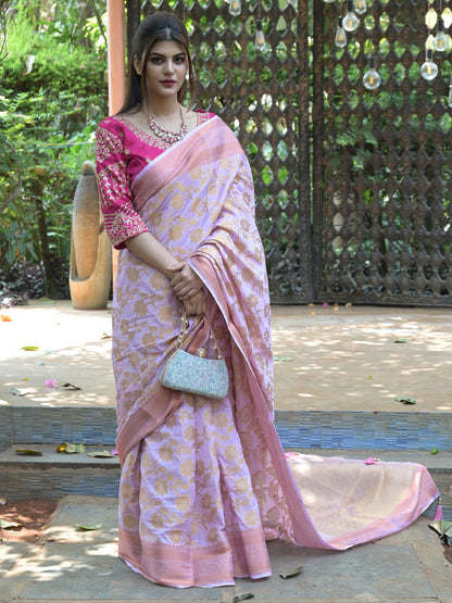 Rajwada Light Pink Woven Soft Silk Saree with Unstitched Blouse for Women