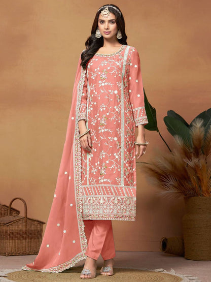 Rajwada Peach Embroidered Soft Organza Unstitched Kurta Set For Women