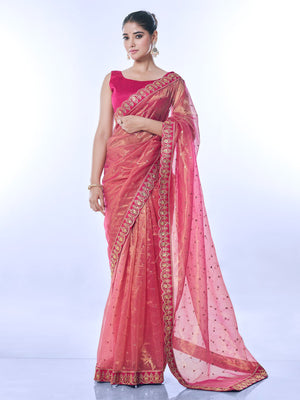 Rajwada Pink Embellished Net Saree With Unstitched Blouse For Women