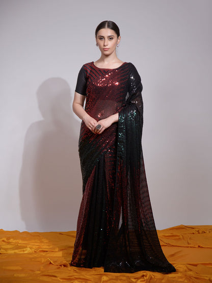 Rajwada Black And Maroon Embellished Georgette Saree With Unstitched Blouse For Women