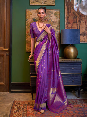 Rajwada Purple Silk Blend Woven Saree With Unstitched Blouse for Women