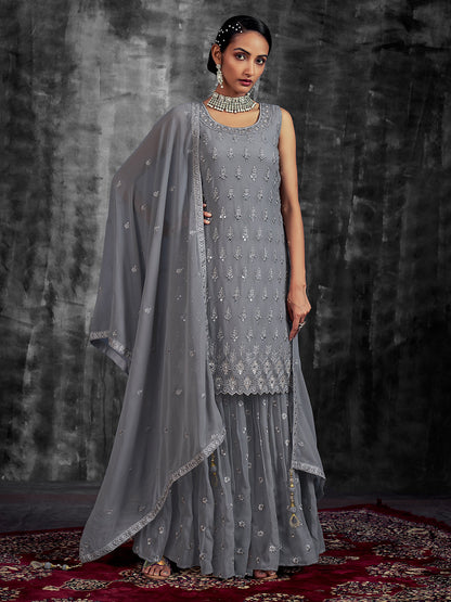 Rajwada Women Stylish Embroidered Grey Georgette Stitched Kurta Set