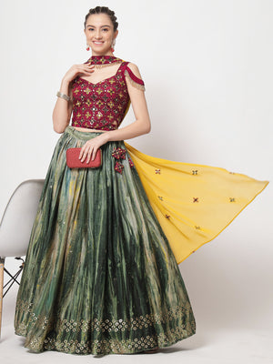 Rajwada - Green Chinnon Silk Print with Sequin Embroidered Semi Stitched Lehenga Choli