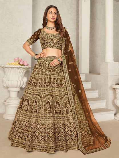 Rajwada Brown Organza Blend Embroidered Semi Stitched Lehenga With Unstitched Blouse for Women