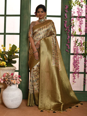 Rajwada Green Soft Silk Woven Saree With Unstitched Blouse For Women