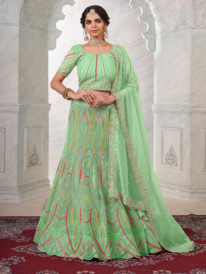Rajwada Green Net Embroidered Semi Stitched Lehenga With Unstitched Blouse for Women