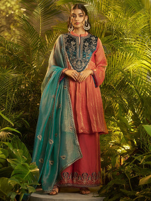 Rajwada Rust Organza Embellished Kurta Set For Women