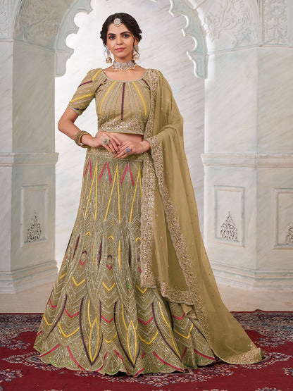 Rajwada Brown Net Embroidered Semi Stitched Lehenga With Unstitched Blouse for Women