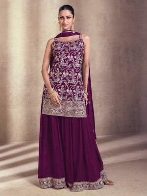 Rajwada Purple Embroidered Georgette Semi Stitched Salwar Suit For Women