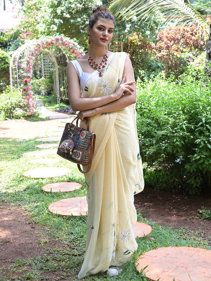 Rajwada Beige Printed Chiffon Saree with Unstitched Blouse for Women