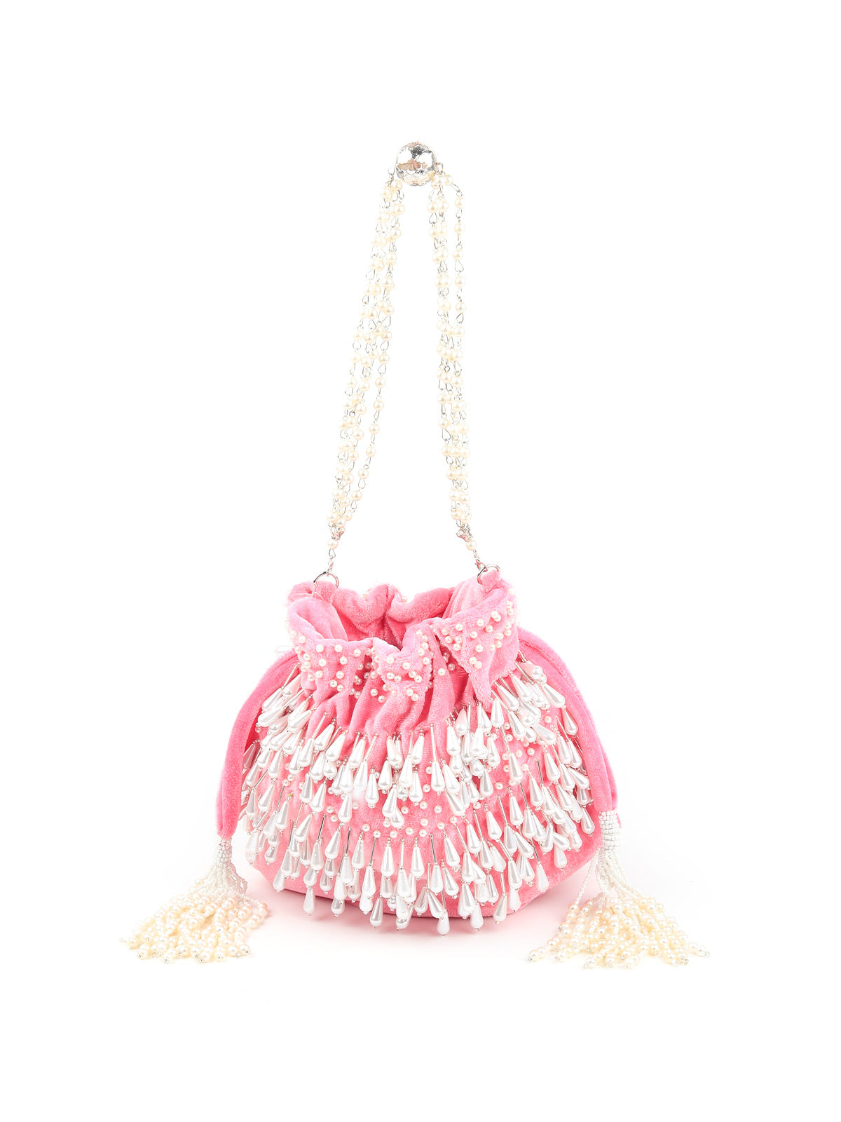 Rajwada - Pink Velvet Pearl Dangler Mini Bag