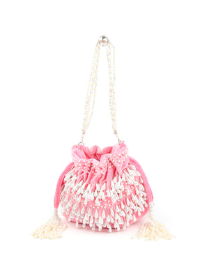 Rajwada - Pink Velvet Pearl Dangler Mini Bag