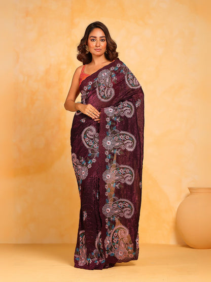 Rajwada Maroon Silk Blend Embroidered Saree With Unstitched Blouse For Women