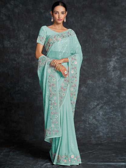 Rajwada Blue Embroidered Georgette Saree With Unstitched Blouse For Women