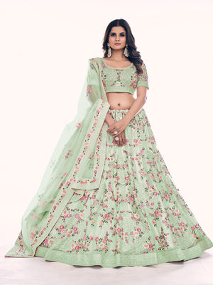 Rajwada Olive Embroidered Soft Net Semi Stitched Lehenga With Blouse For Women