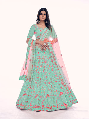 Rajwada Sea Green Embroidered Soft Net Semi Stitched Lehenga With Blouse For Women