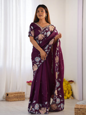 Rajwada Wine Tissue Embroidered Saree With Unstitched Blouse For Women