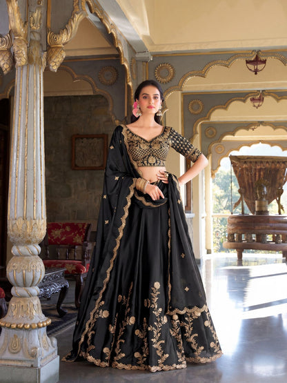 Rajwada Black Silk Blend Embroidered Lehenga For Women