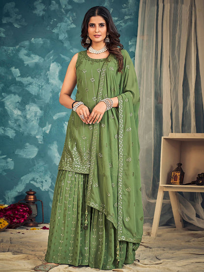Rajwada Green Georgette Embellished Stitched Salwar Suit Set For Women