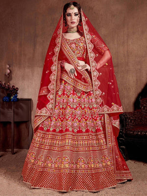 Rajwada Red Art Silk Embroidered Semi-Stitched lehenga For Women