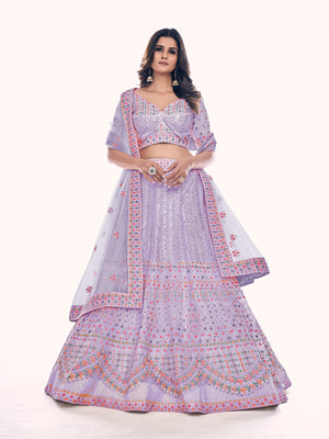 Rajwada Lavender Embroidered Soft Net Semi Stitched Lehenga With Blouse For Women