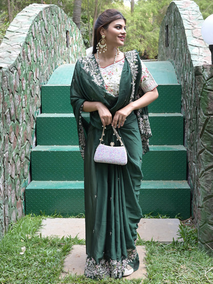 Rajwada Dark Green Embroidered Satin Georgette Saree with Unstitched Blouse for Women