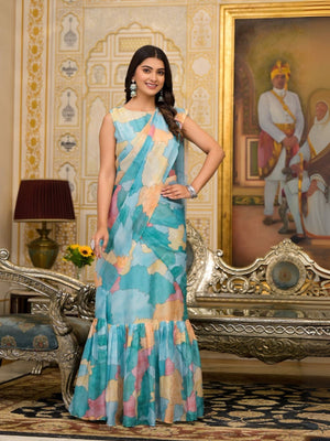 Rajwada Blue Printed Georgette Ready To Wear Saree For Women