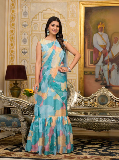 Rajwada Blue Printed Georgette Ready To Wear Saree For Women