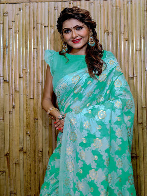 Rajwada Green Cotton Blend Woven Saree With Unstitched Blouse For Women