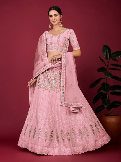 Rajwada Pink Georgette Embellished Semi Stitched Lehenga With Unstitched Blouse for Women