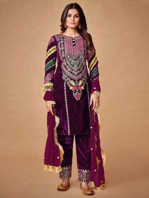 Rajwada Women Violet Velvet Embroidered Stitched Kurta Set