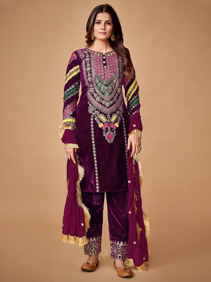 Rajwada Women Violet Velvet Embroidered Stitched Kurta Set
