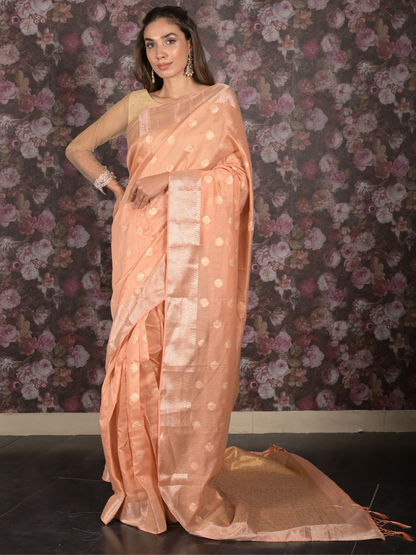 Rajwada Peach Woven Silk Blend Saree With Unstitched Blouse For Women