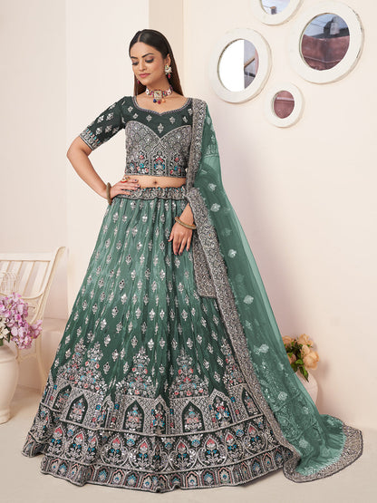 Rajwada Green Crepe Embroidered Semi Stitched Lehenga With Unstitched Blouse for Women