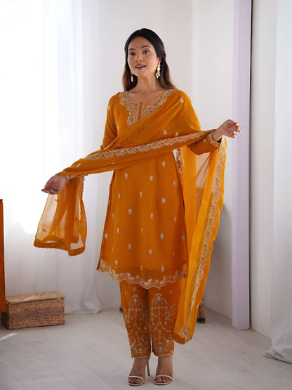Rajwada Mustard Georgette Embroidered & Cutwork Kurta Set For Women