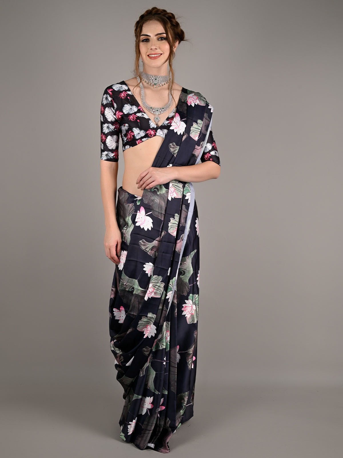Black Silk Blend Digital Floral Print Saree With Unstitched Blouse