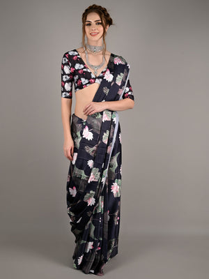 Black Silk Blend Digital Floral Print Saree With Unstitched Blouse