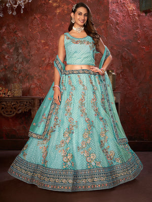 Rajwada Sky Blue Net Embroidered Semi Stitched Lehenga With Unstitched Blouse for Women
