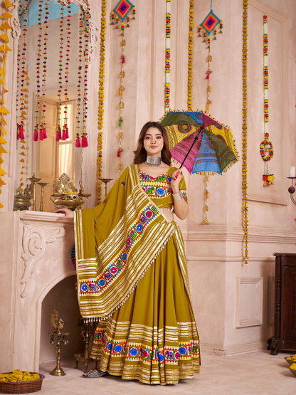 Rajwada Green Viscose Cotton Embroidered Semi-Stitched Lehenga Choli For Women